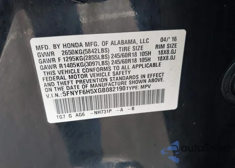 2016 Honda Pilot Exl from USA, damaged, VIN 5FNYF6H5XGB082190